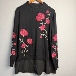 Style & Co Black‎ Rose Embroidered Mock Neck Sweater Faux Button Front Trim 1X
